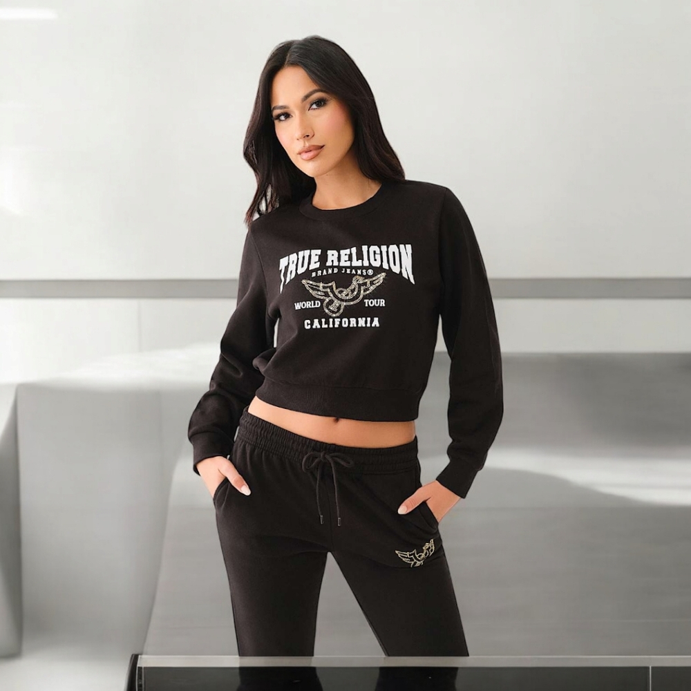 TRUE RELIGION CRYSTAL WING HORSESHOE CROP SWEATSHIRT COLOR BLACK SIZE MEDIUM
